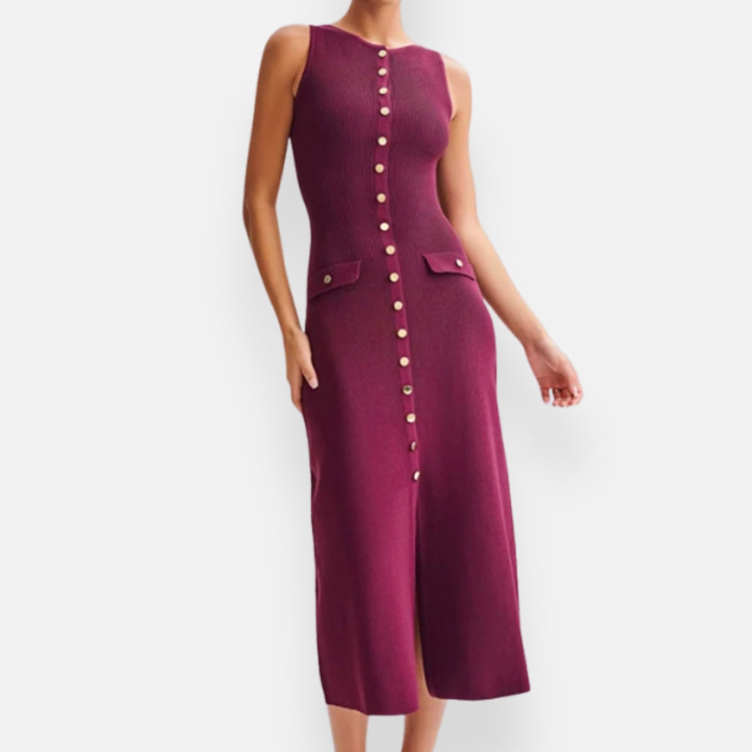 Alvine | Robe midi côtelée à boutons dorés