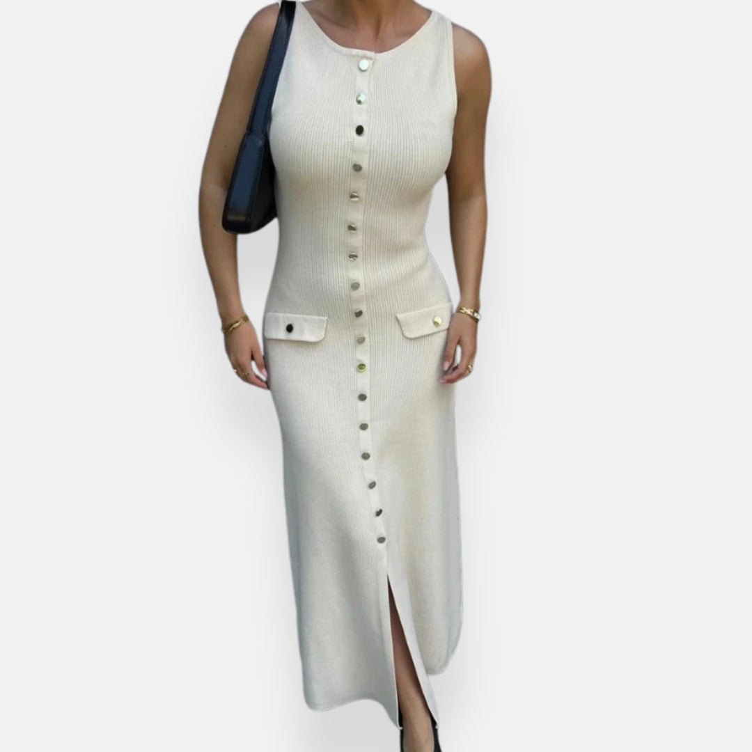 Alvine | Robe midi côtelée à boutons dorés
