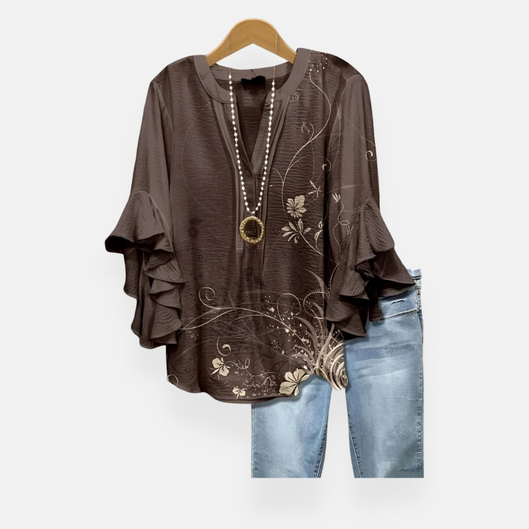 Calista | Blouse chocolat à motif floral doré
