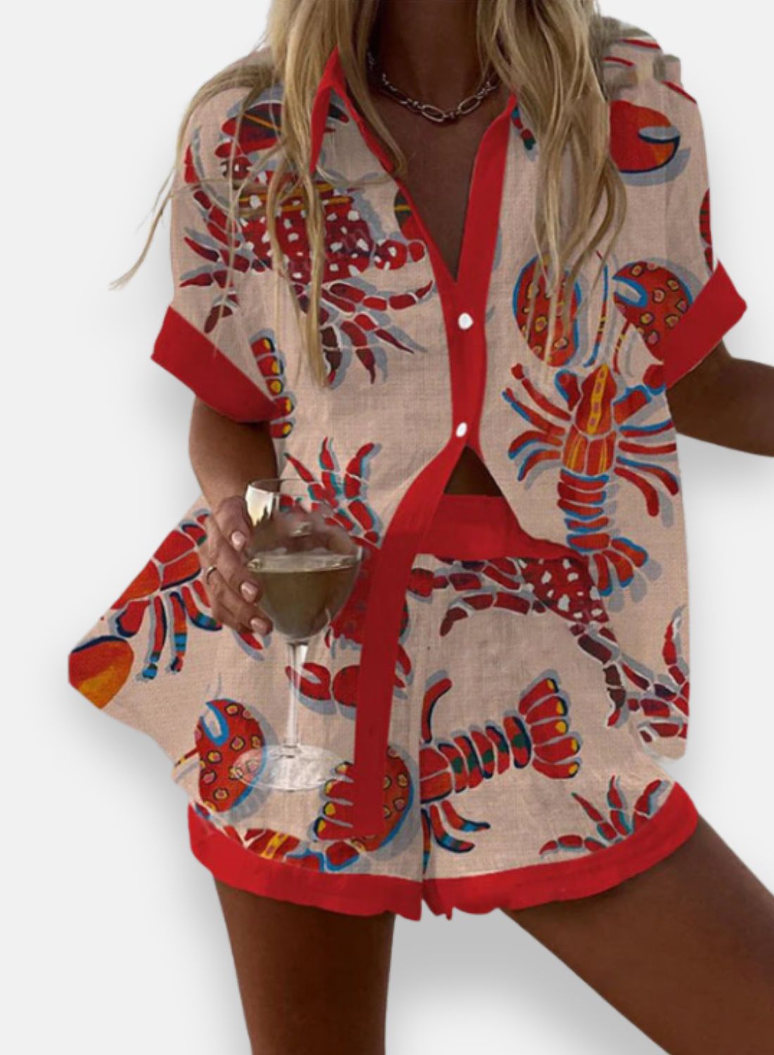 Amandine | Ensemble court en lin imprimé homard