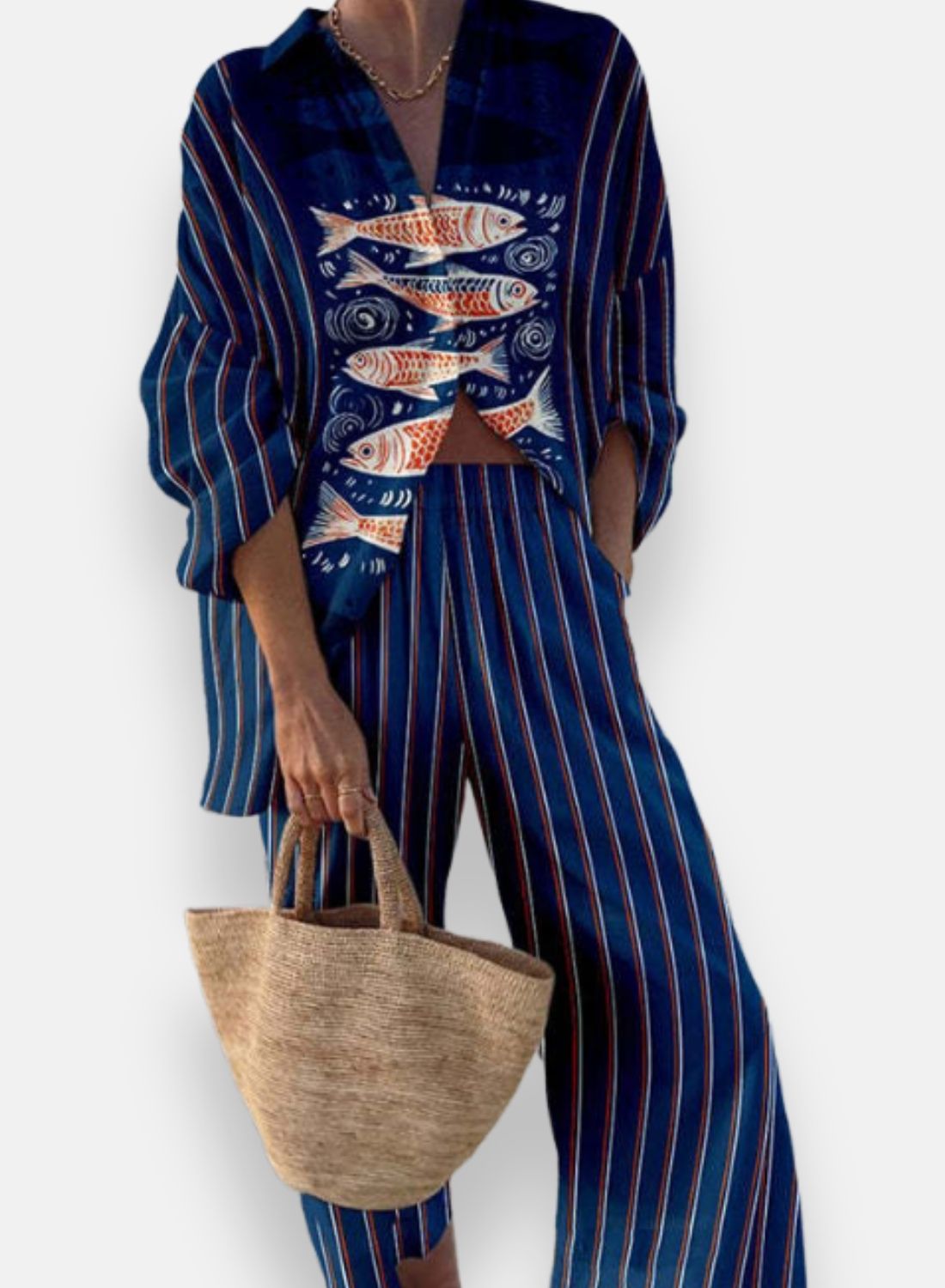 Léa | Ensemble en lin à imprimé Koi bleu